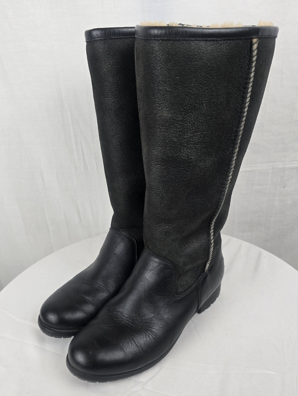 UGG Black Tall Water Resistant Leather & Suede Winter Boots Shearling Trim Sz 7